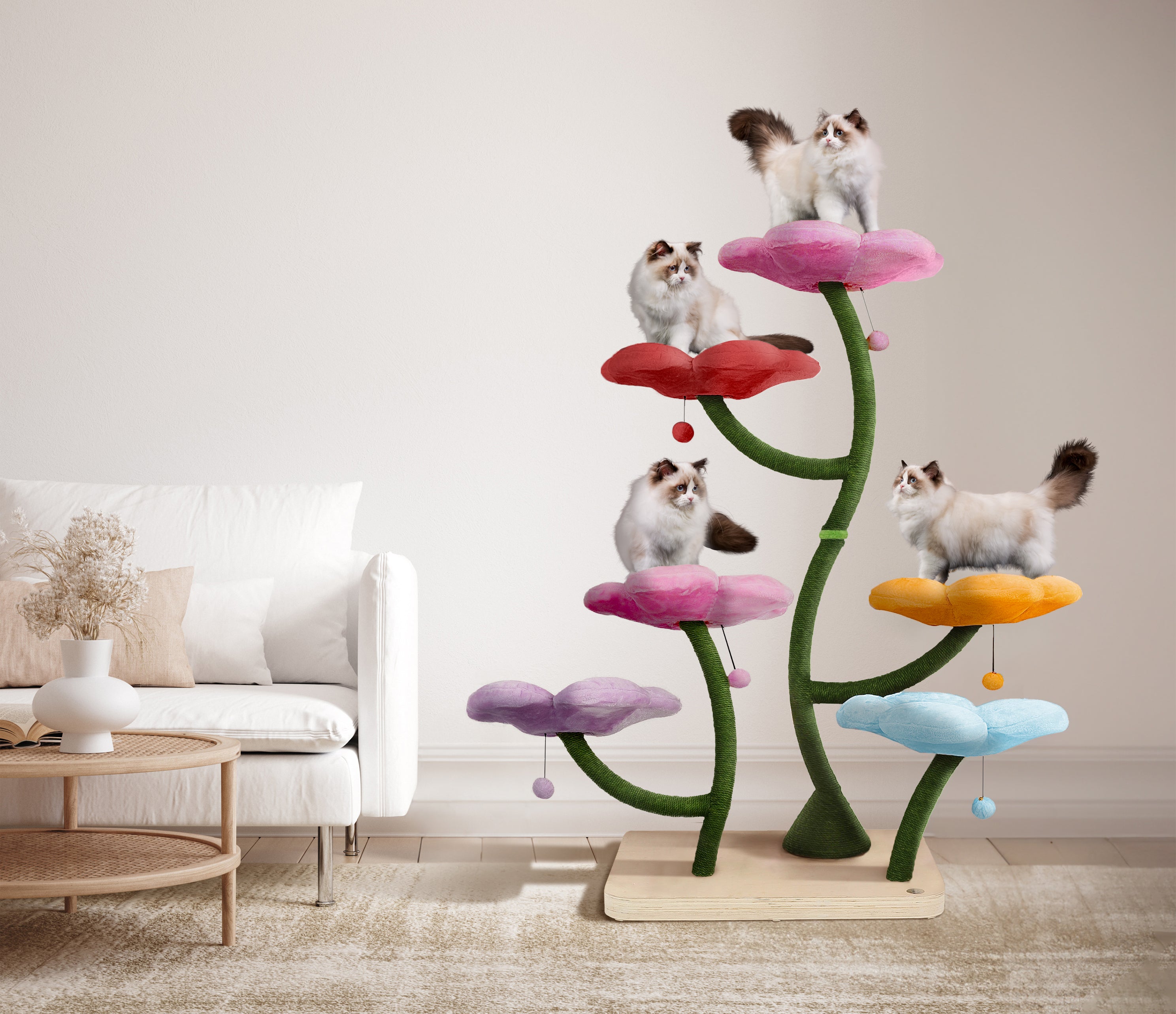 cat tree adorned with colorful flowers and playful cats
