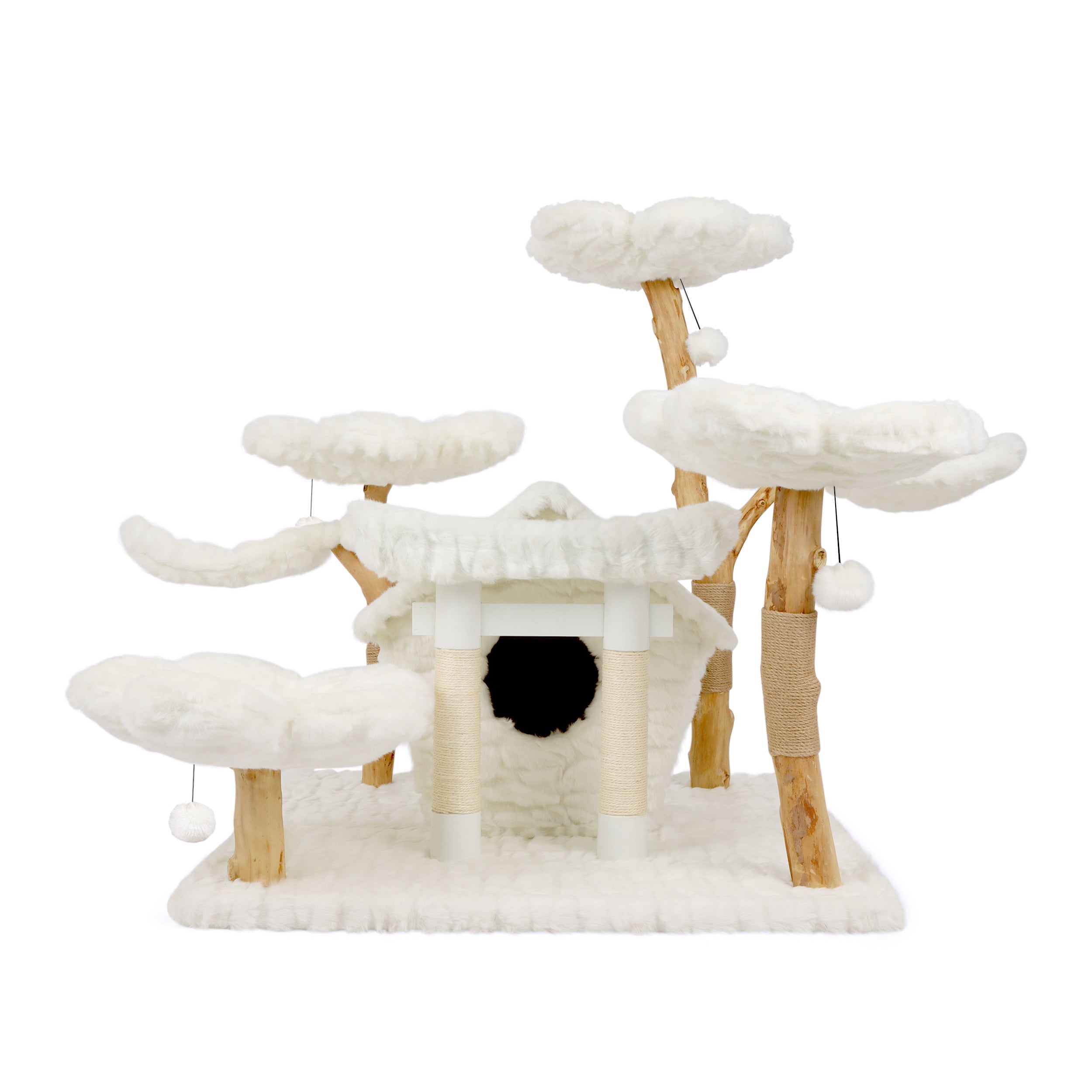 Teddy Blanc's Secret Garden features a cat tree beside a white house and trees