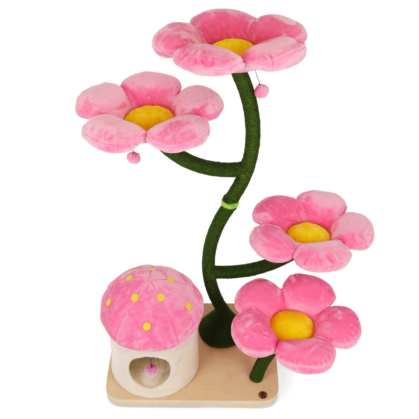 Azalea Eden's pink flower cat tree with a tiny house