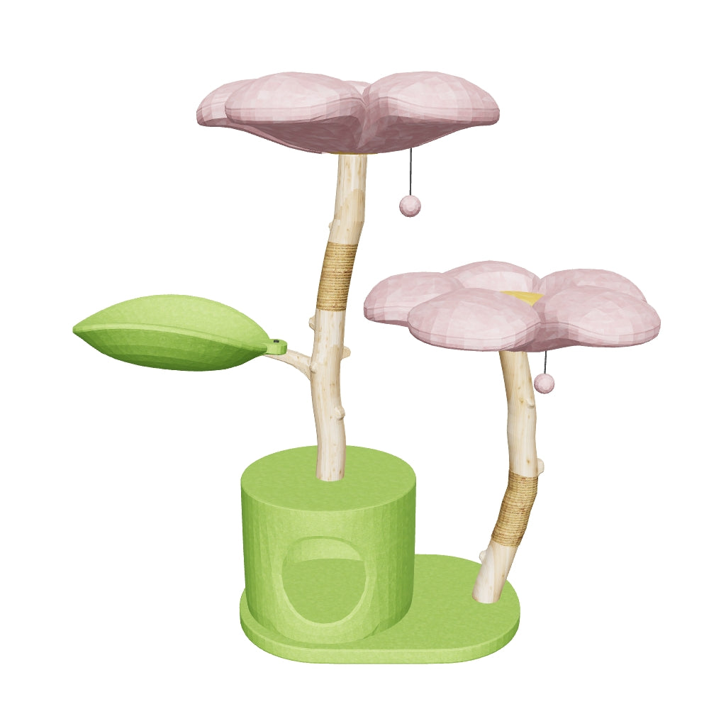 Pink flower, green plant, and flower cat tree in a vase