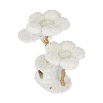 A white flower with a wooden stand floral cat tree