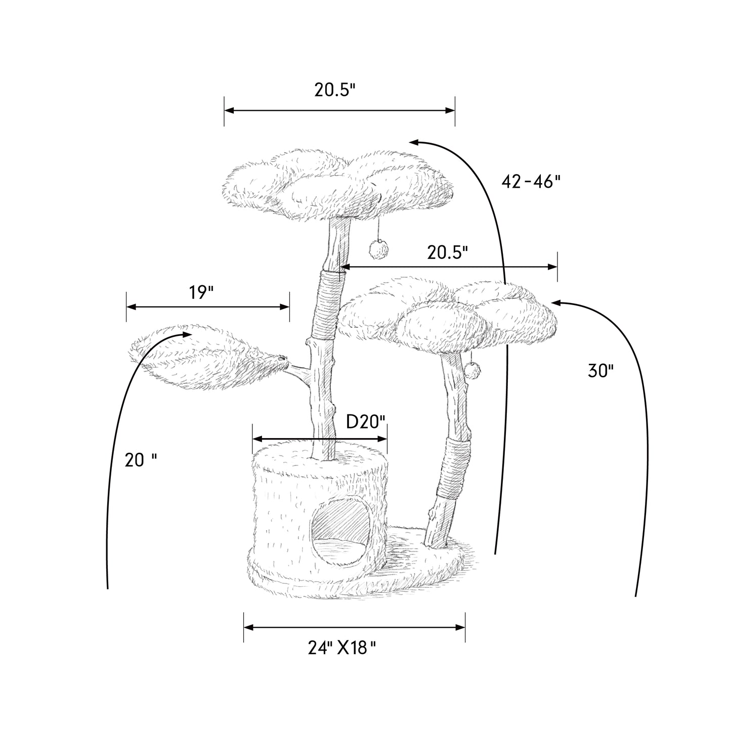 Dimensions of Teddy Blanc Cat Tree illustrated in drawing