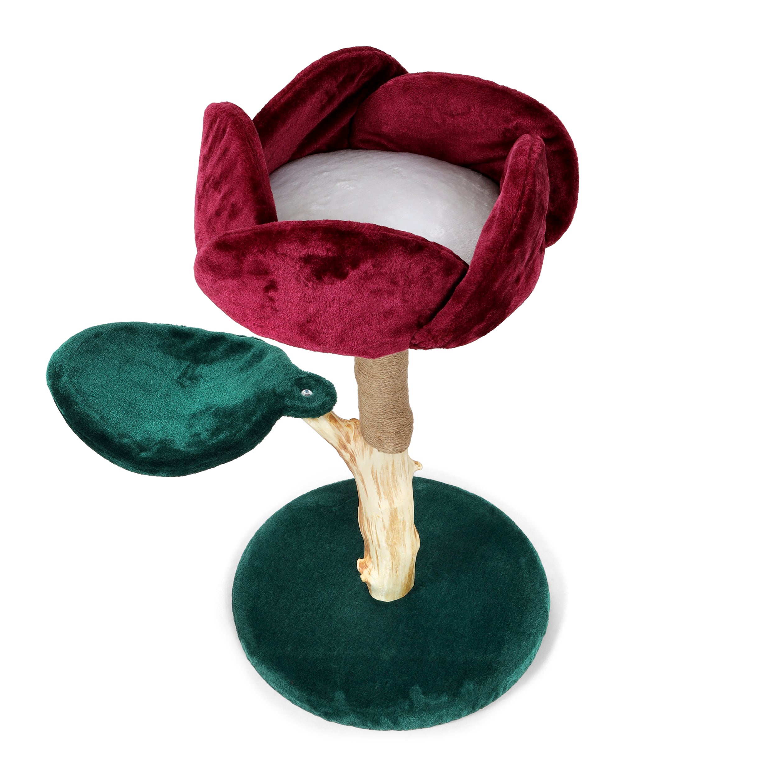 Wooden cat tree with pink and green trees a versatile structure for climbing, and resting