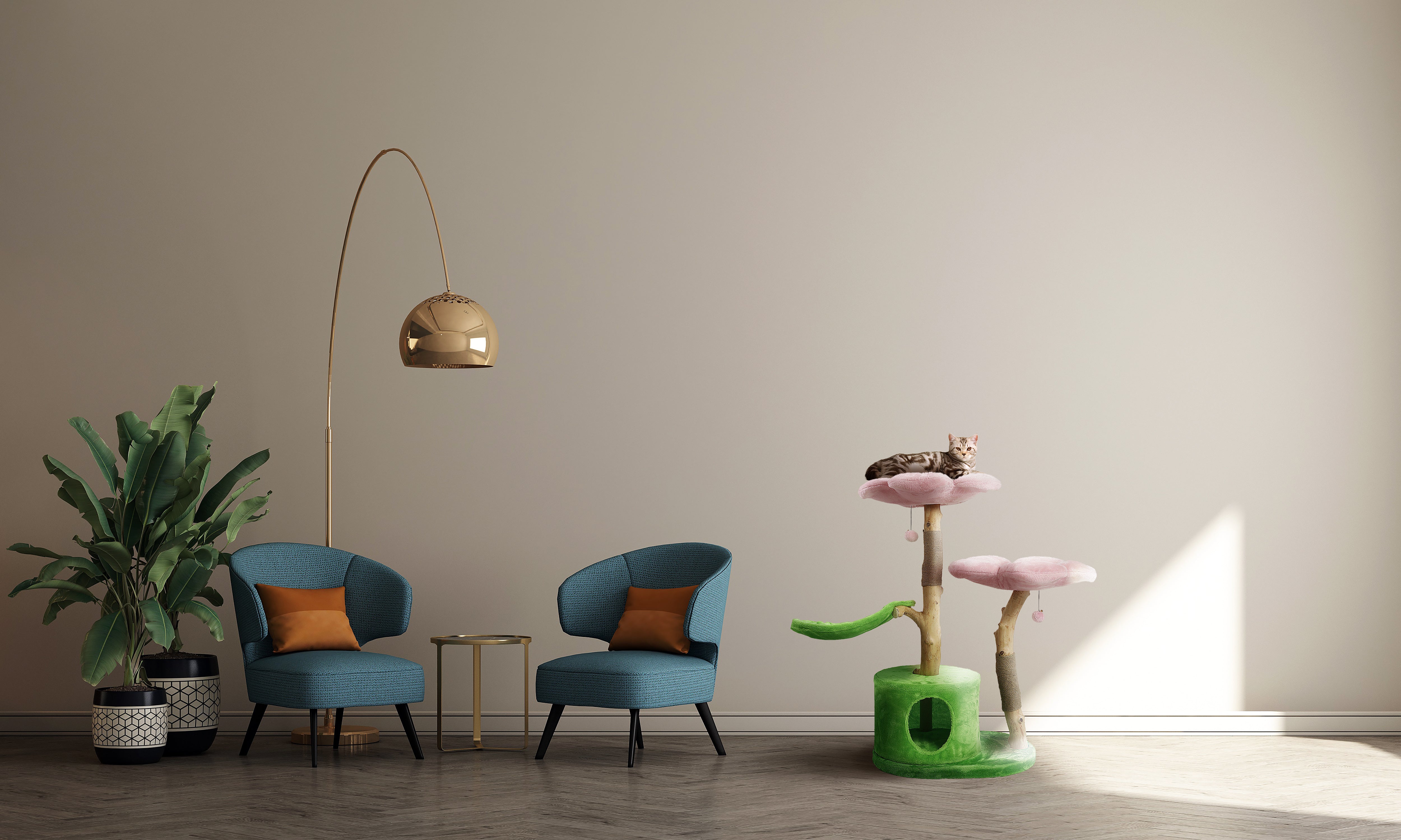 A cozy living room with a chair, lamp, and plant, adorned with floral cat trees