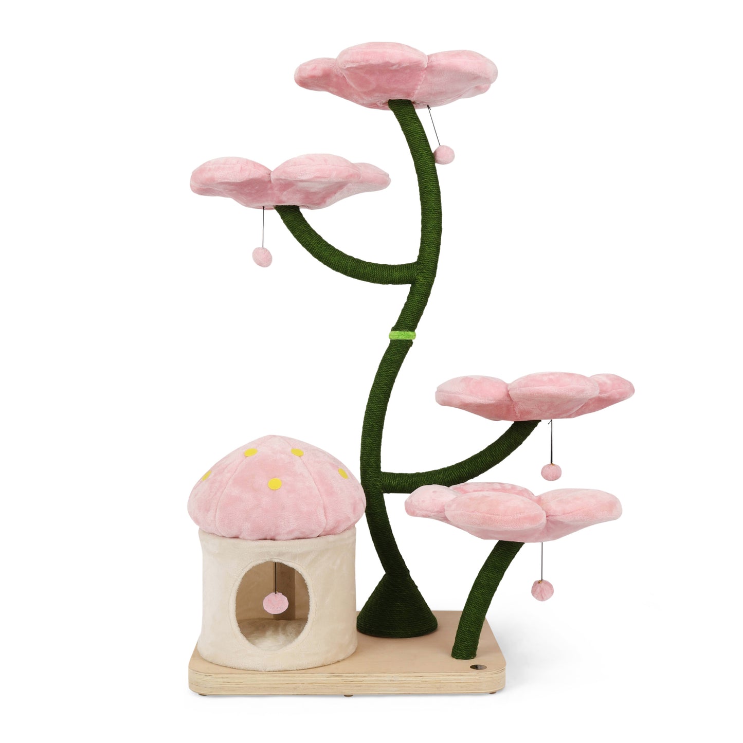 Pink cat tree with house and flowers, a charming cherry blossom sanctuary