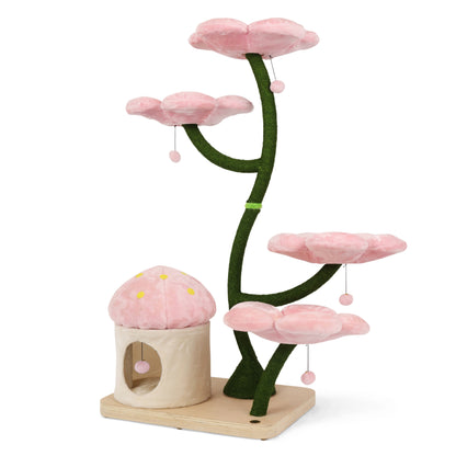 A pink toy house with a flower cat tree in front of it