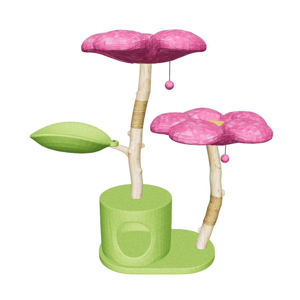 A pink flower and green plant in a vase on a Cat Tree