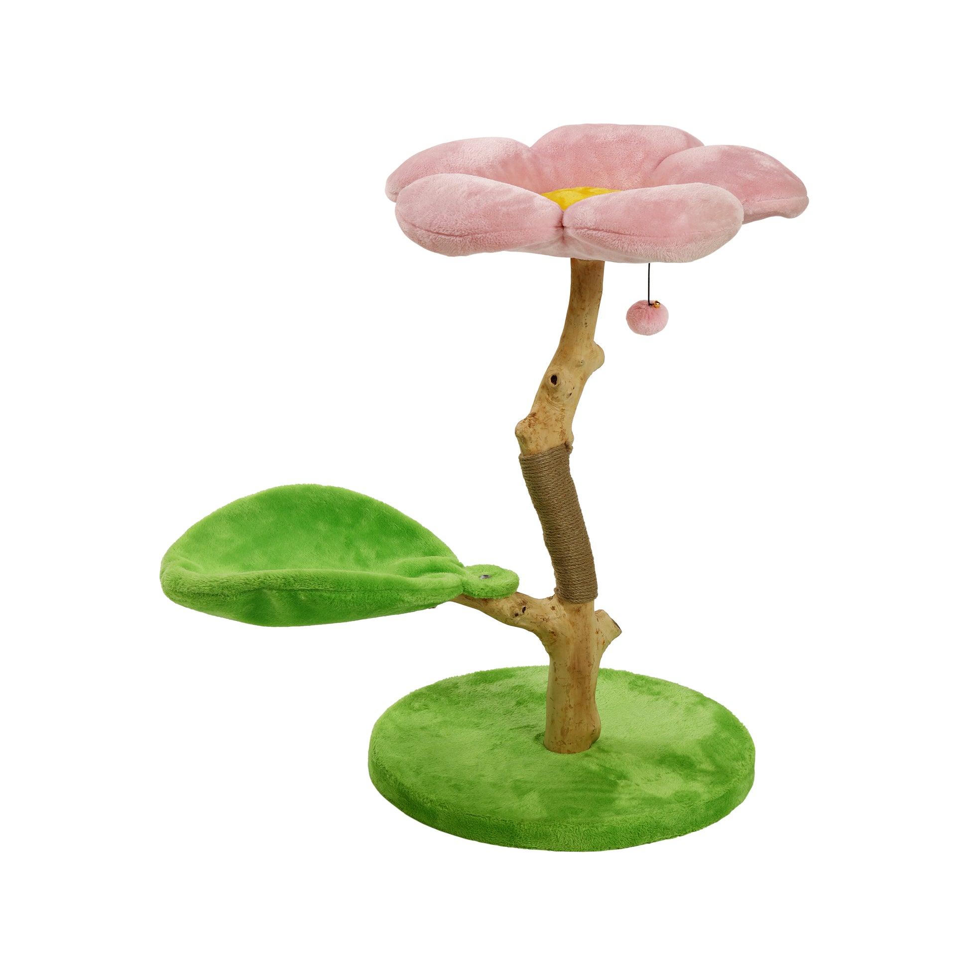 Pink flower cat tree on green base, perfect for cats