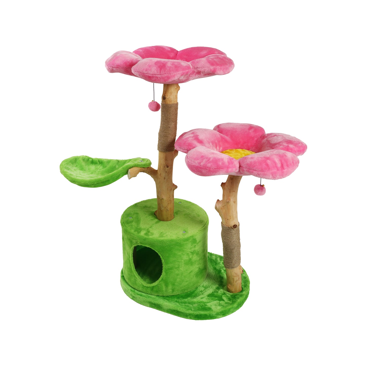 Floral Cat Tree with pink and green design, featuring two pink flowers