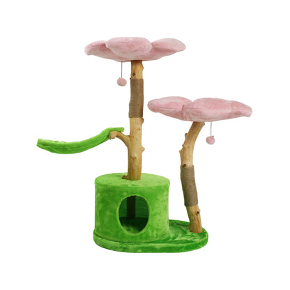 Wooden cat tree with pink and green trees a versatile structure for climbing, and resting