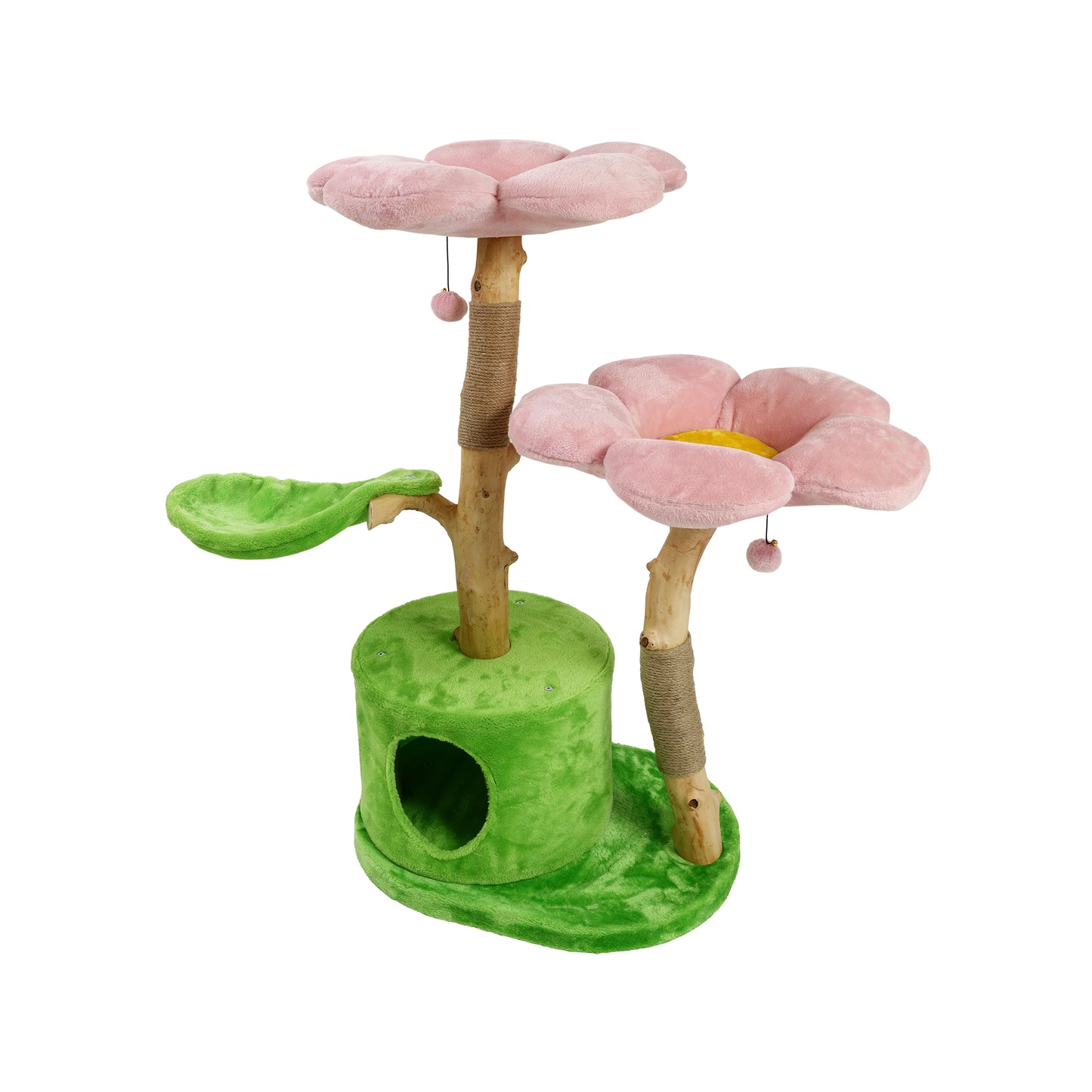 A wooden cat tree with multiple levels for climbing and playing