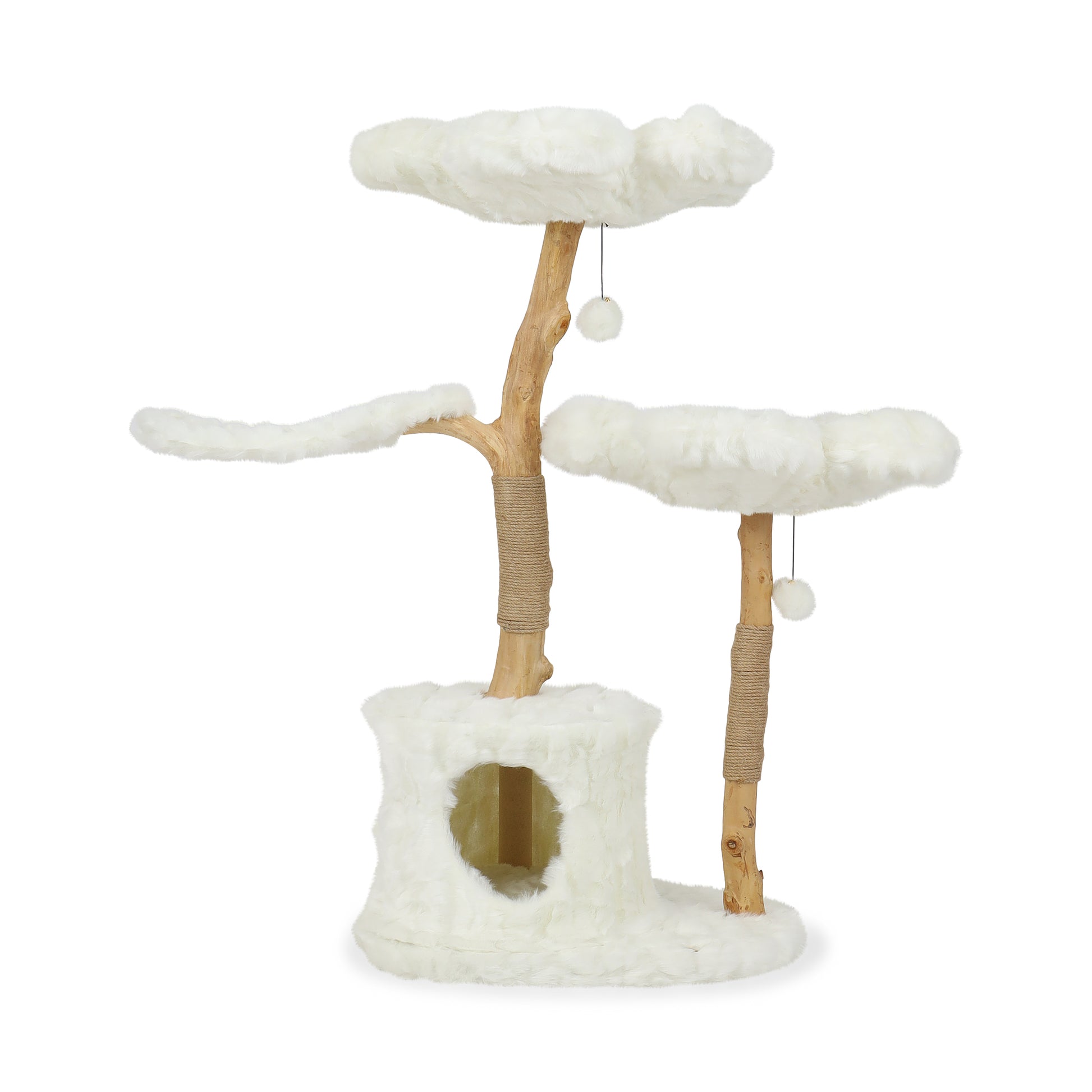 A white teddy teddy blanc floral cat tree with floral patterns