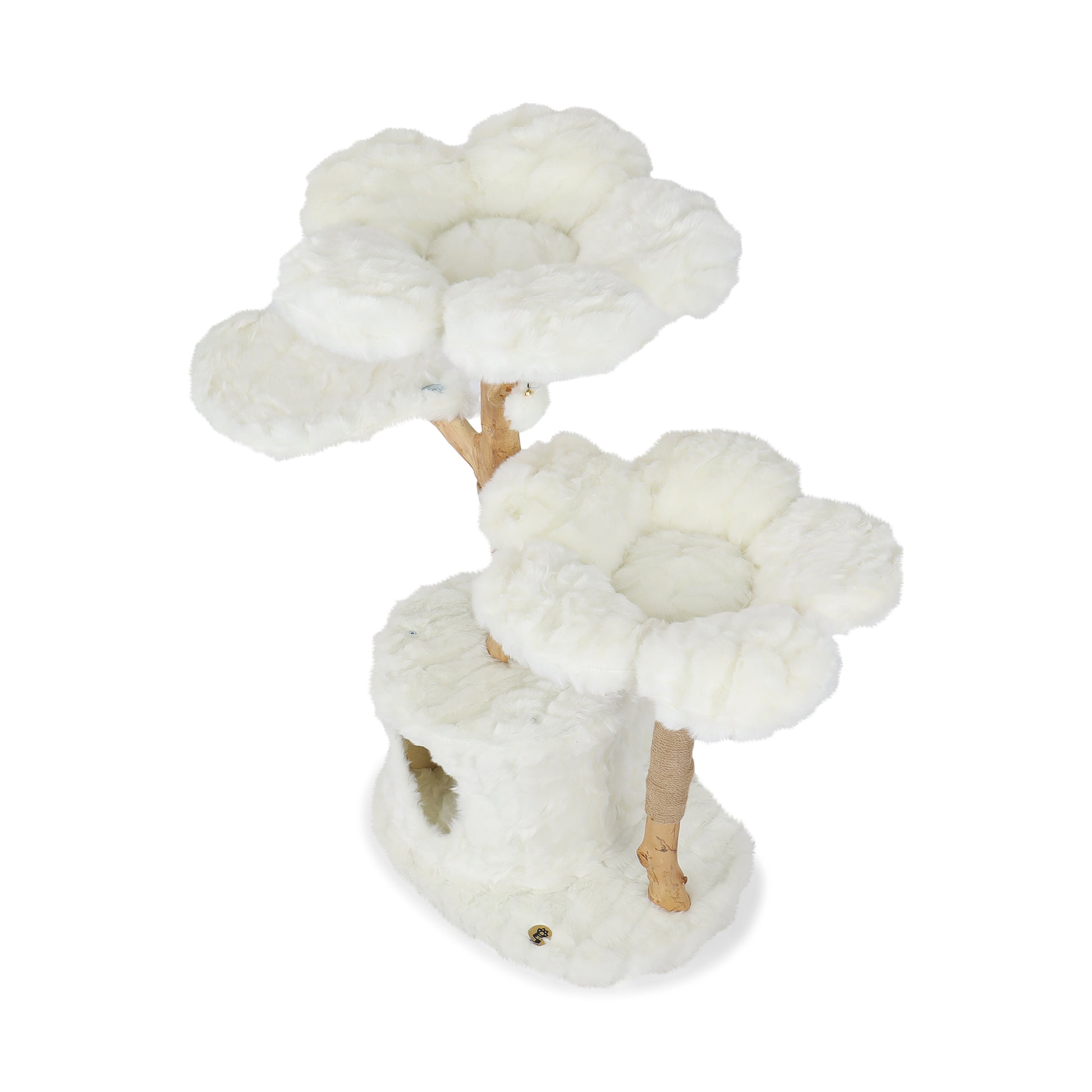 A white flower with a wooden stand floral cat tree