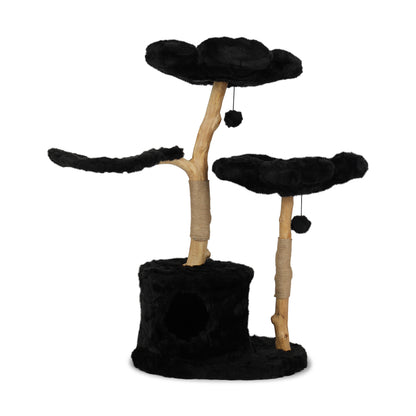 A cat perched on a cat tree, content in its elevated position