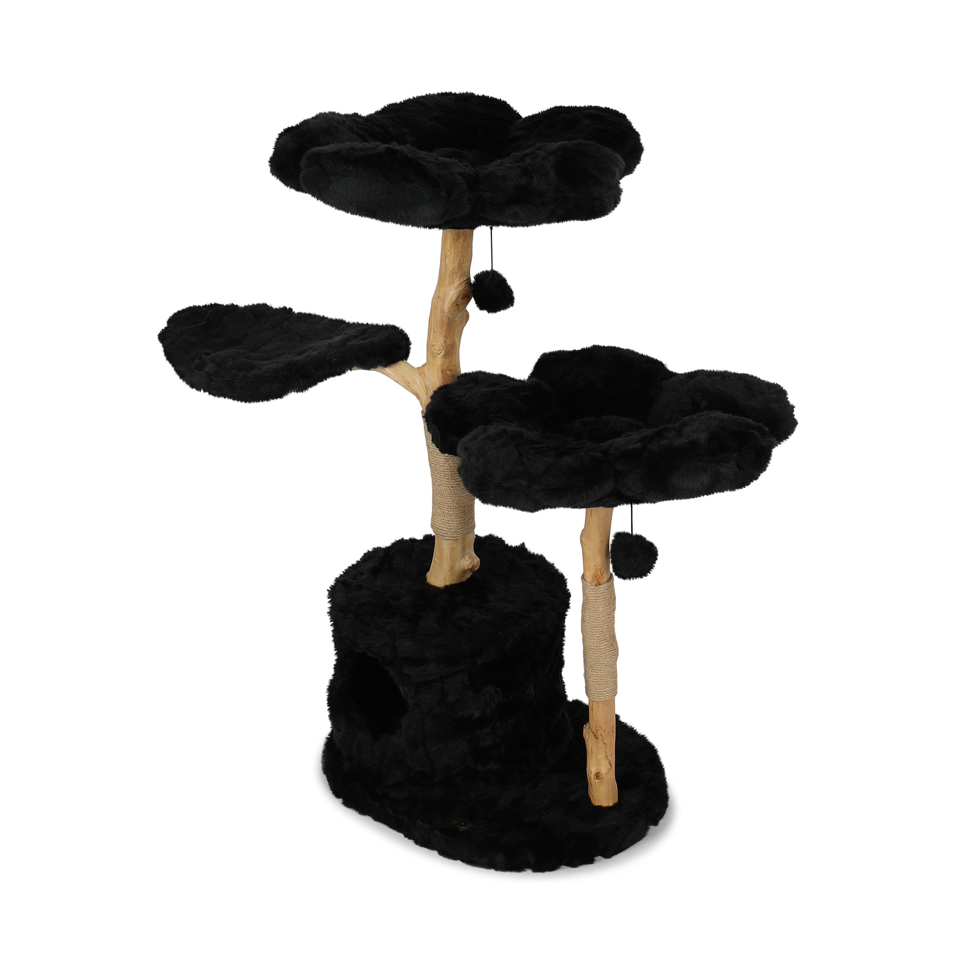 Stylish floral cat tree with black flowers, providing a cozy perch for cats