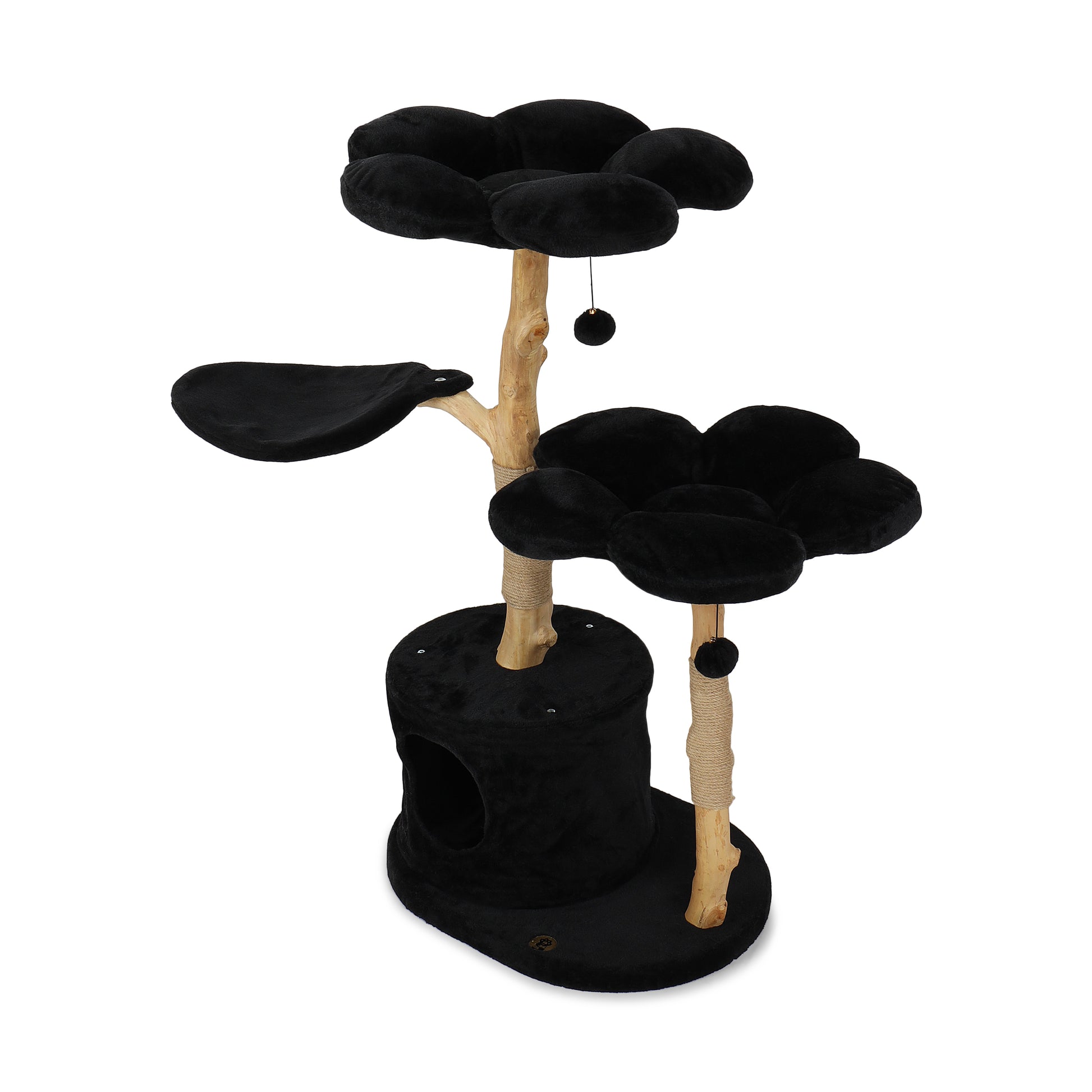A chic cat tree with black flower accents, providing a comfy resting spot for cats